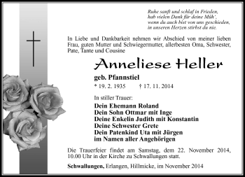 Traueranzeige von Anneliese Heller von Südthüringer Presse