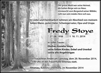 Traueranzeige von Fredy Stoye von Südthüringer Presse