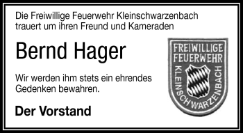 Traueranzeige von Bernd Hager von Frankenpost
