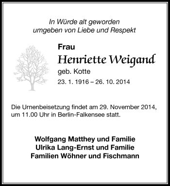 Traueranzeige von Henriette Weigand von Südthüringer Presse