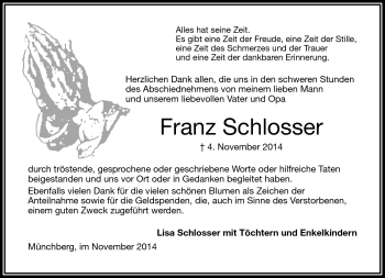 Traueranzeige von Franz Schlosser von Frankenpost