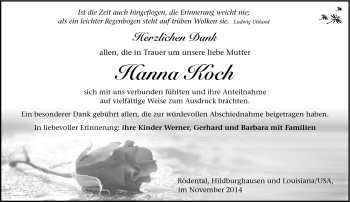 Traueranzeige von Hanna Koch von Neue Presse Coburg