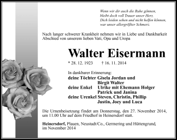 Traueranzeige von Walter Eisermann von Südthüringer Presse