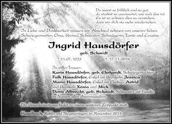 Traueranzeige von Ingrid Hausdörfer von Südthüringer Presse