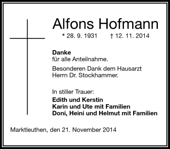 Traueranzeige von Alfons Hofmann von Frankenpost