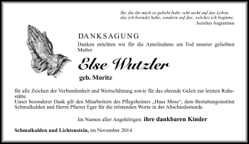Traueranzeige von Else Wutzler von Südthüringer Presse