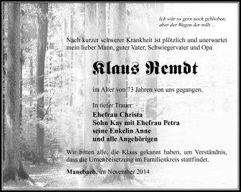 Traueranzeige von Klaus Remdt von Südthüringer Presse