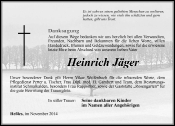 Traueranzeige von Heinrich Jäger von Südthüringer Presse