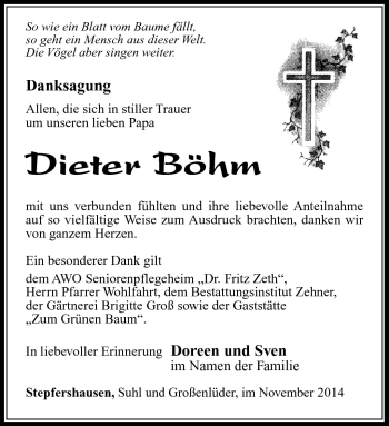 Traueranzeige von Dieter Böhm von Südthüringer Presse