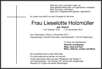 Traueranzeige von Lieselotte Holzmüller von Frankenpost
