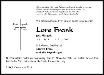 Traueranzeige von Lore Frank von Südthüringer Presse