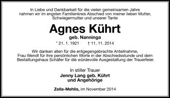 Traueranzeige von Agnes Kührt von Südthüringer Presse
