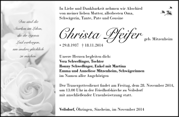 Traueranzeige von Christa Pfeifer von Südthüringer Presse