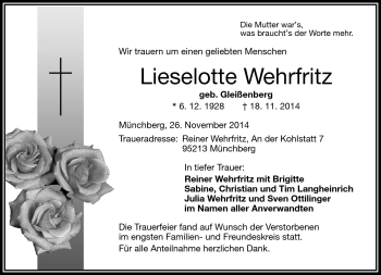 Traueranzeige von Lieselotte Wehrfritz von Frankenpost