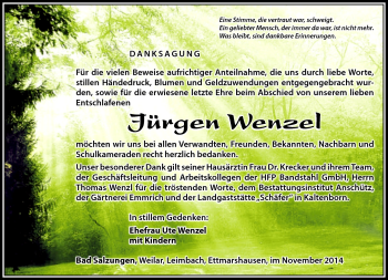 Traueranzeige von Jürgen Wenzel von Südthüringer Presse