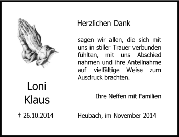 Traueranzeige von Loni Klaus von Neue Presse Coburg