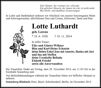 Traueranzeige von Lotte Luthardt von Südthüringer Presse