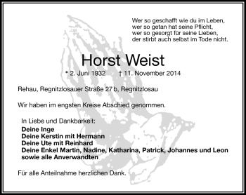 Traueranzeige von Horst Weist von Frankenpost