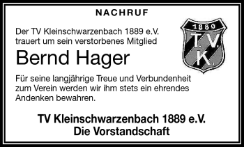 Traueranzeige von Bernd Hager von Frankenpost