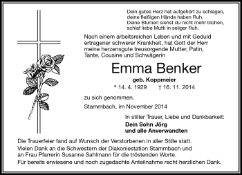 Traueranzeige von Emma Benker von Frankenpost
