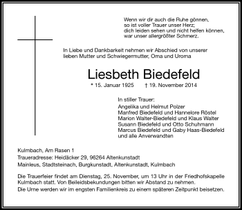 Traueranzeige von Liesbeth Biedefeld von Frankenpost