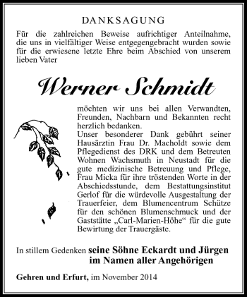 Traueranzeige von WErner Schmidt von Südthüringer Presse