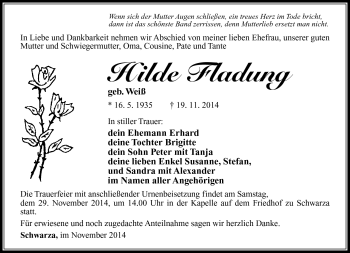 Traueranzeige von Hilde Fladung von Südthüringer Presse