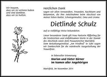 Traueranzeige von Dietlinde Schulz von Südthüringer Presse
