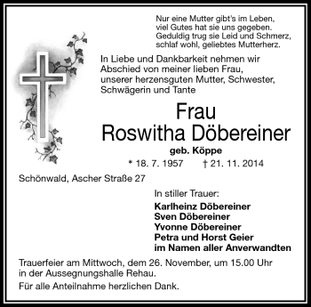 Traueranzeige von Roswitha Döbereiner von Frankenpost