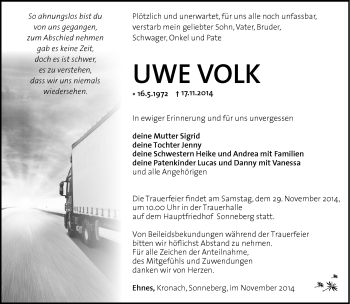 Traueranzeige von Uwe Volk von Südthüringer Presse