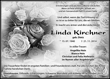 Traueranzeige von Linda Kirchner von Südthüringer Presse