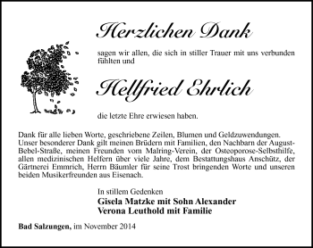 Traueranzeige von Hellfried Ehrlich von Südthüringer Presse