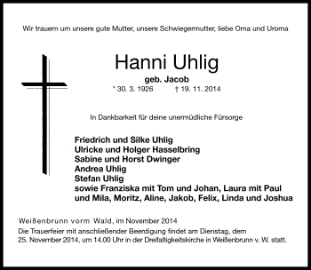 Traueranzeige von Hanni Uhlig von Neue Presse Coburg
