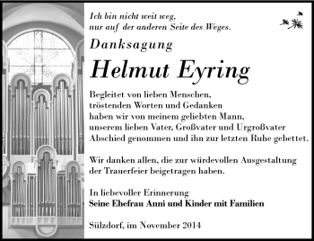 Traueranzeige von Helmut Eyring von Südthüringer Presse