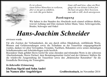 Traueranzeige von Han-Joachim Schneider von Südthüringer Presse