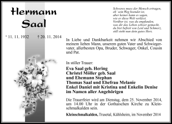 Traueranzeige von Hermann Saal von Südthüringer Presse