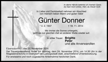 Traueranzeige von Günter Donner von Neue Presse Coburg