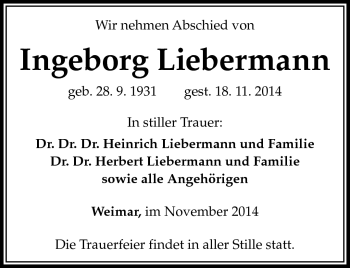 Traueranzeige von Ingeborg Liebermann von Südthüringer Presse