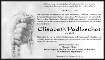 Traueranzeige von Elisabeth Padluschat von Südthüringer Presse