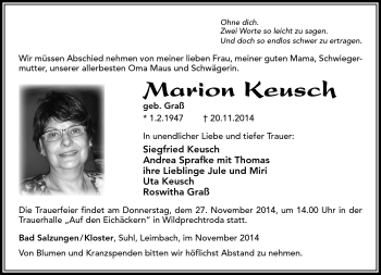 Traueranzeige von Marion Keusch von Südthüringer Presse