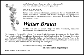 Traueranzeige von Walter Braun von Südthüringer Presse