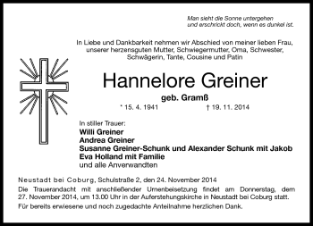 Traueranzeige von Hannelore Greiner von Neue Presse Coburg