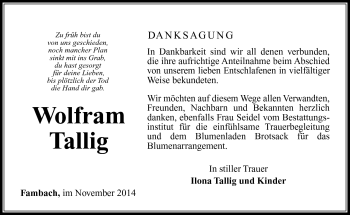 Traueranzeige von Wolfram Tallig von Südthüringer Presse