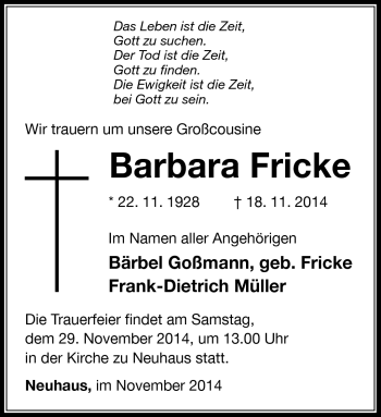 Traueranzeige von Barbara Fricke von Südthüringer Presse