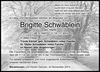 Traueranzeige von Brigitte Schwäblein von Südthüringer Presse
