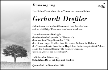 Traueranzeige von Gerhard Dreßler von Südthüringer Presse