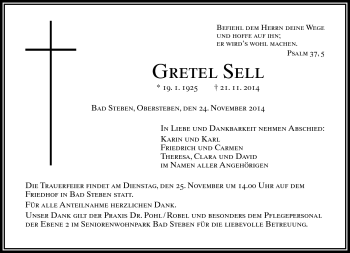Traueranzeige von Gretel Sell von Frankenpost