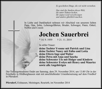 Traueranzeige von Jochen Sauerbrei von Südthüringer Presse