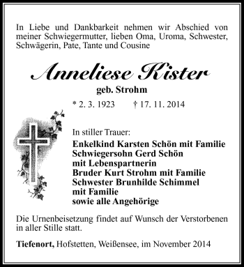Traueranzeige von Anneliese Kister von Südthüringer Presse
