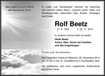 Traueranzeige von Rolf Beetz von Neue Presse Coburg